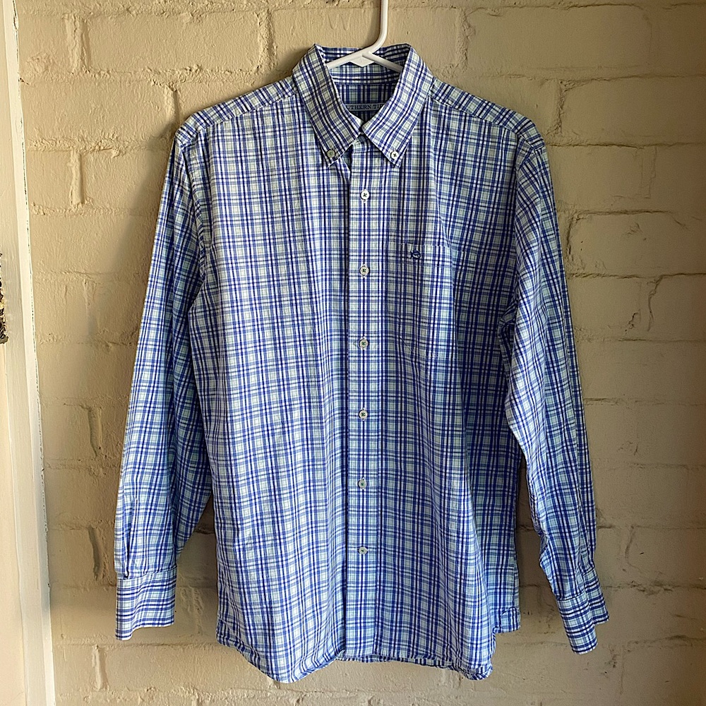 Southern Tide sz Medium Large plaid lavender sea foam green & white button down
